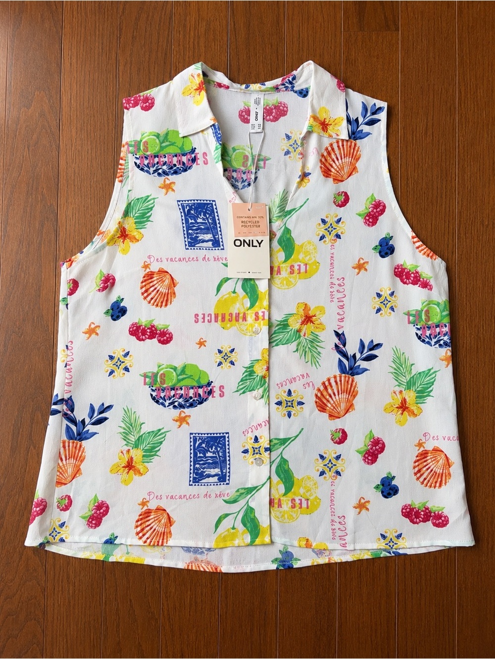 ONLY Life Tropical Sleeveless Button Front Blouse with Collar Sz XL